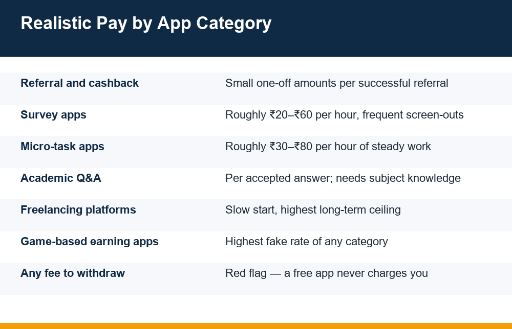 earning apps without investment realistic pay by category